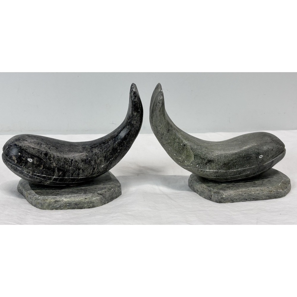 Vtg Inuit Style Soapstone Whale Carvings PAIR Signed DIMU Dietrich Muckenheim